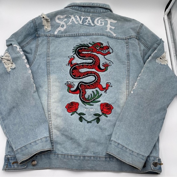Carbon Savage Denim Jean Jacket Adult XL X-Large Embroidered Dragon Roses - Picture 3 of 14